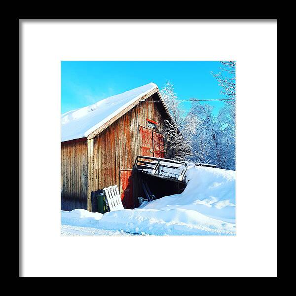Winter Landscape Countryside Norway Barn Farm Snow Scandinavia Europe Outdoors Nature Landscape Trees View Outdoors Framed Print featuring the digital art Norwegian Winter landscape #4 by Jeanette Rode Dybdahl