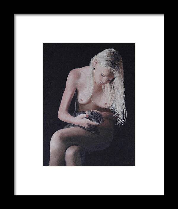 Nude Framed Print featuring the painting Nude And Cat #2 by Masami Iida