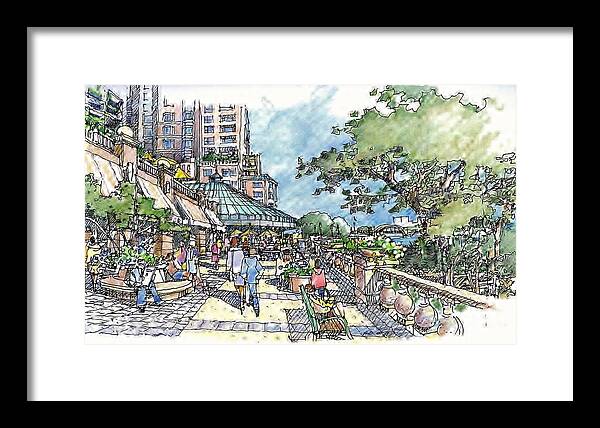Architectural Riverfront Promenade Framed Print featuring the drawing Promenade #2 by Andrew Drozdowicz