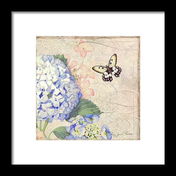 Pastel Framed Print featuring the painting Summer Memories - Blue Hydrangea n Butterflies #2 by Audrey Jeanne Roberts