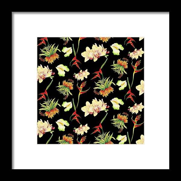 Orchid Framed Print featuring the painting Tropical Island Floral Half Drop Pattern by Audrey Jeanne Roberts