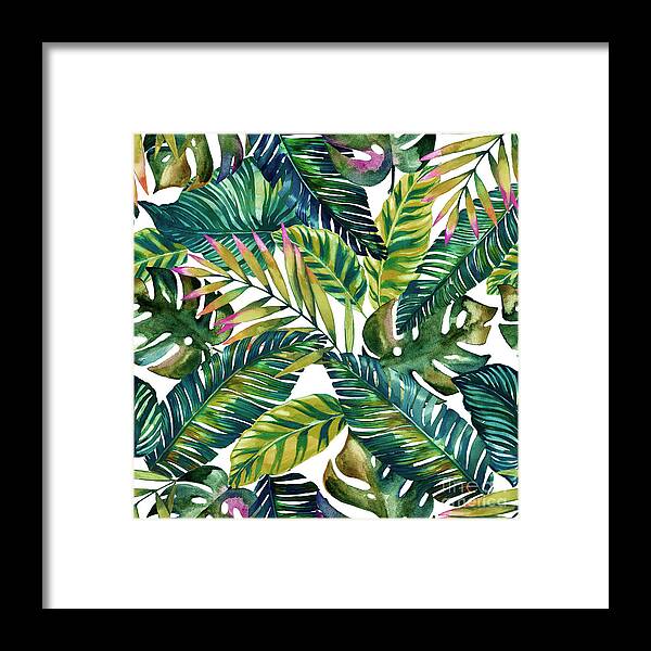 Tropical Leaves Framed Print featuring the painting Tropical Green Leaves Pattern by Mark Ashkenazi