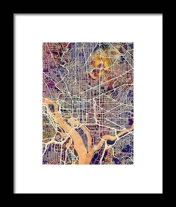 Street Map Framed Print featuring the digital art Washington DC Street Map by Michael Tompsett