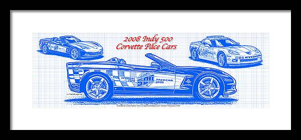 2008 Corvette Framed Print featuring the drawing 2008 Indy 500 Corvette Pace Car Blueprint Series by K Scott Teeters