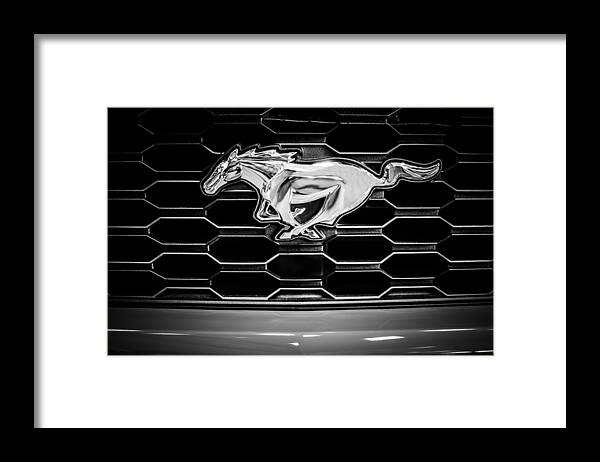 2015 Ford Mustang Grille Emblem Framed Print featuring the photograph 2015 Ford Mustang Grille Emblem -0104bw by Jill Reger