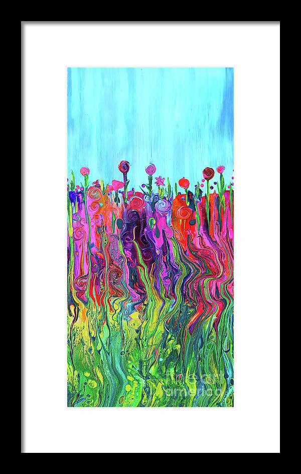 Impressionistic Garden Blue Sky Framed Print featuring the painting #2555 HappyLittle Garden #2555 by Priscilla Batzell Expressionist Art Studio Gallery
