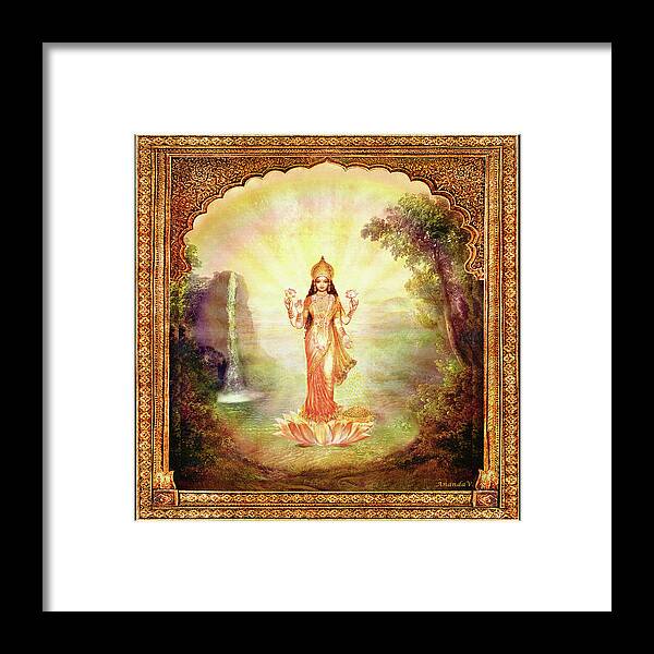 Goddess Painting Framed Print featuring the mixed media Lakshmi with the Waterfall #1 by Ananda Vdovic