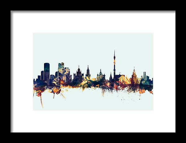 Watercolour Framed Print featuring the digital art Moscow Russia Skyline #3 by Michael Tompsett