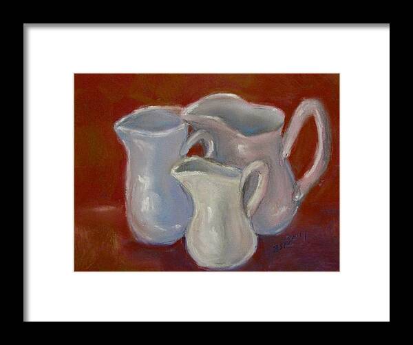 Pitchers Framed Print featuring the pastel 3 White Cream Pitchers by Barbara O'Toole