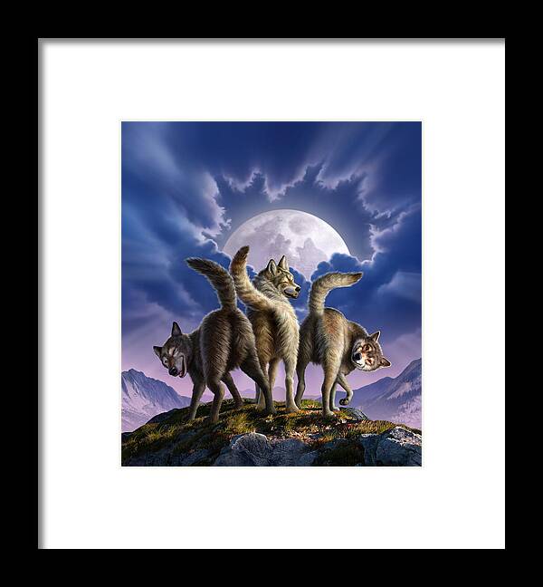Wolf Framed Print featuring the digital art 3 Wolves Mooning by Jerry LoFaro