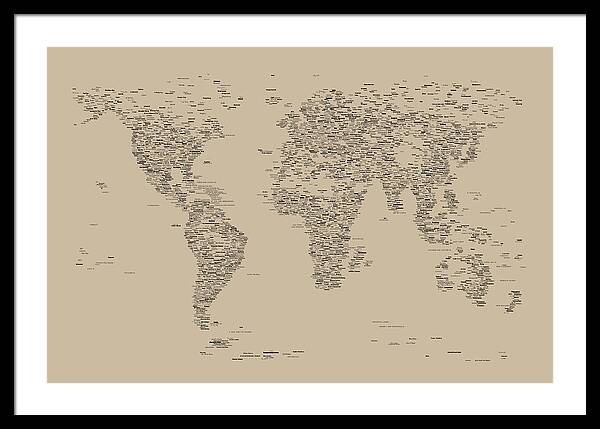 Map Of The World Framed Print featuring the digital art World Map of Cities #3 by Michael Tompsett