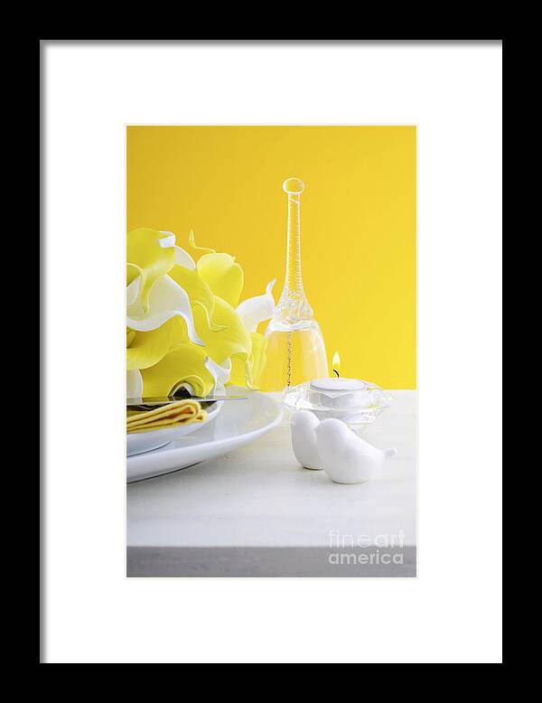 Arum Framed Print featuring the photograph Yellow and white theme wedding table place setting. #3 by Milleflore Images