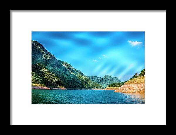 Mountain Framed Print featuring the photograph The mountains and reservoir scenery with blue sky #31 by Carl Ning