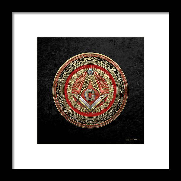 Ancient Brotherhoods Collection By Serge Averbukh Framed Print featuring the digital art 3rd Degree Mason Gold Jewel - Master Mason Square and Compasses over Black Velvet by Serge Averbukh
