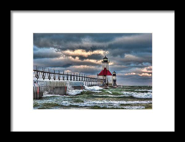 White Lighthouse Red Michigan Joseph Blue Skies Cloud Sky Ice Landmark Wave Scenic Picture Waves Great Cloudy Winter Wavy Clouds Lake Historic Light Pier House Wavey Hdr Lakes St Joe Framed Print featuring the photograph Lighthouse #1 by Brent Mosher