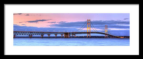 Mackinac Framed Print featuring the photograph Mackinac Bridge in Evening by Twenty Two North Photography