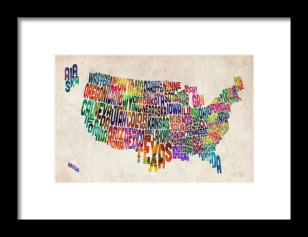 Usa Map Framed Print featuring the digital art United States Text Map by Michael Tompsett
