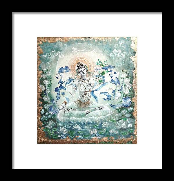 Whitetara Framed Print featuring the painting White Tara #4 by Silk Alchemy