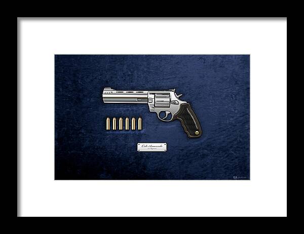 'the Armory' Collection By Serge Averbukh Framed Print featuring the digital art .44 Magnum Colt Anaconda with Ammo on Blue Velvet #44 by Serge Averbukh