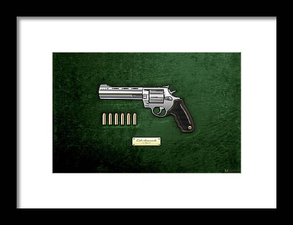'the Armory' Collection By Serge Averbukh Framed Print featuring the digital art .44 Magnum Colt Anaconda with Ammo on Green Velvet #44 by Serge Averbukh
