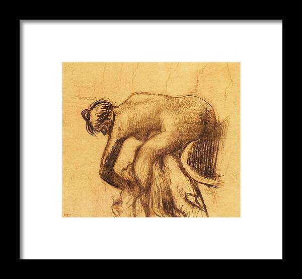 After The Bath Framed Print featuring the drawing After the Bath, Woman drying herself by Edgar Degas