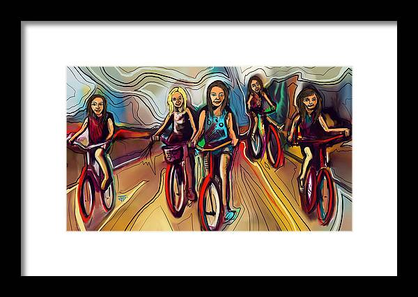  Framed Print featuring the painting 5 Bike Girls by John Gholson