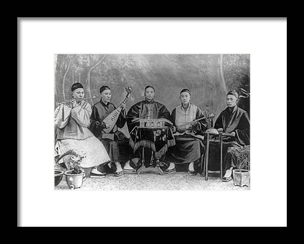 Musician Framed Print featuring the painting 5 Chinese musicians playing flute, 2-stringed fiddle, 3-stringed psaltery, drums, and small bells by Celestial Images