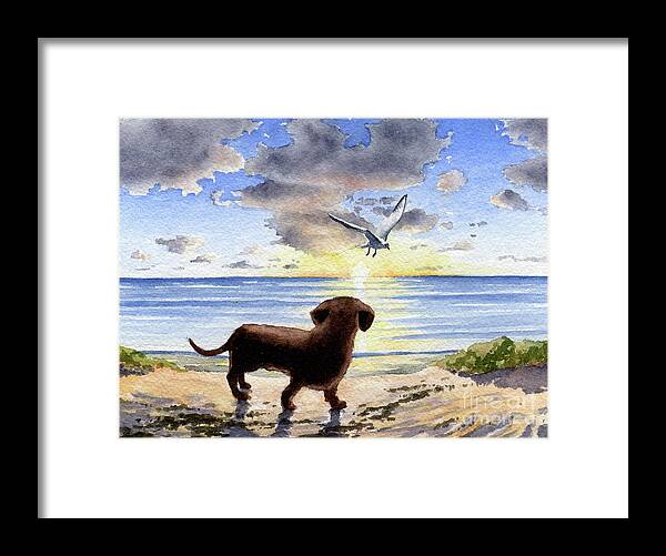 Dachshund Framed Print featuring the painting Dachshund at the Beach #4 by David Rogers