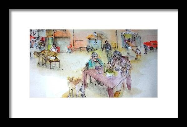 Italy. Cityscape. Figures. Dog. Children Framed Print featuring the painting Italy love scroll #5 by Debbi Saccomanno Chan