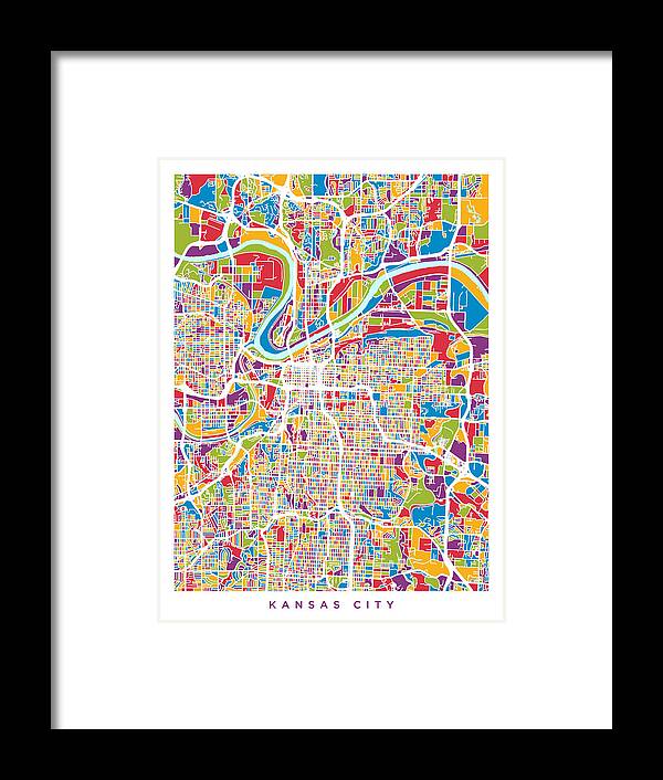 Kansas City Framed Print featuring the digital art Kansas City Missouri City Map #5 by Michael Tompsett