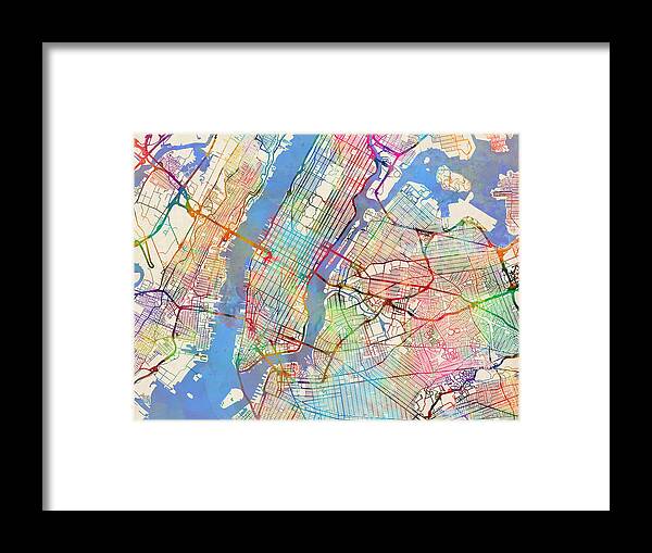 New York Framed Print featuring the digital art New York City Street Map #5 by Michael Tompsett