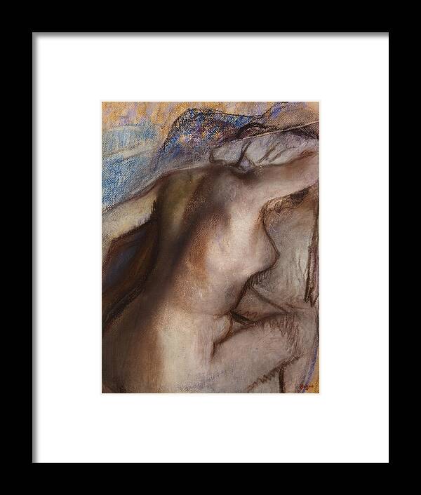 19th Century Art Framed Print featuring the pastel After the bath woman drying herself, from 1884 by Edgar Degas