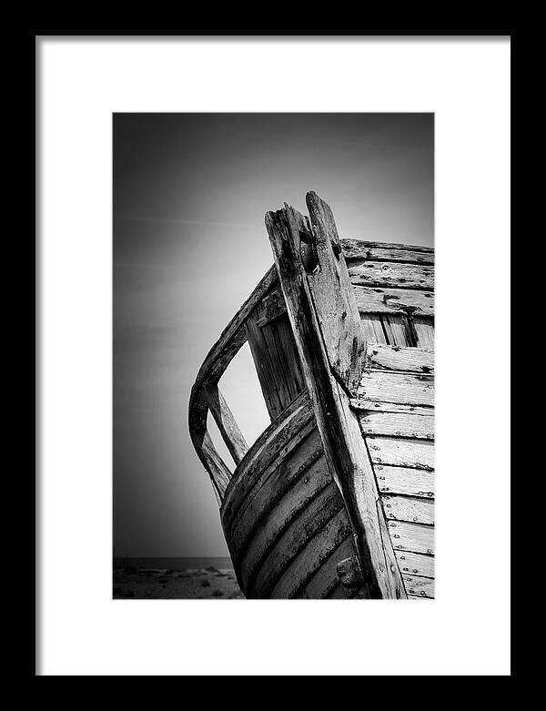 Dungeness Framed Print featuring the photograph Old Abandoned Boat Portrait BW by Rick Deacon