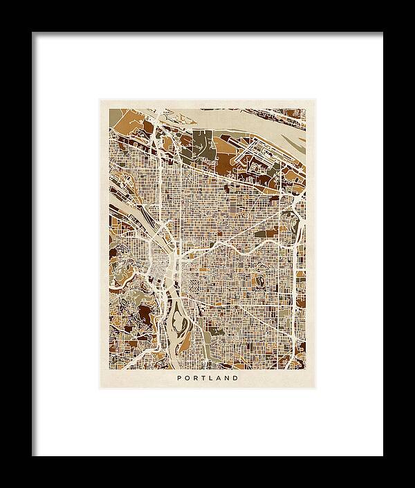 Portland Framed Print featuring the digital art Portland Oregon City Map #6 by Michael Tompsett