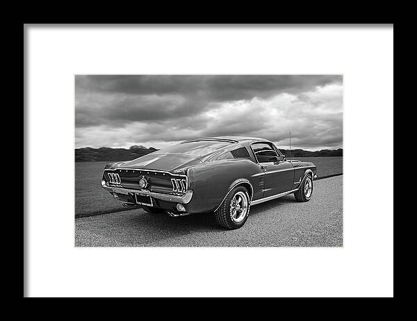 Mustang Framed Print featuring the photograph 67 Fastback Mustang in Black and White by Gill Billington