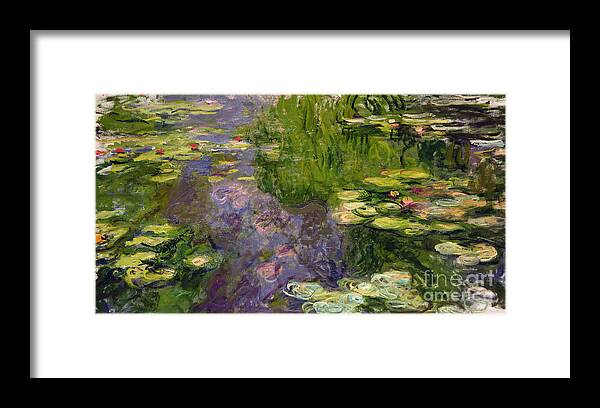 Nympheas; Water; Lily; Waterlily; Impressionist; Green; Purple Framed Print featuring the painting Waterlilies by Claude Monet