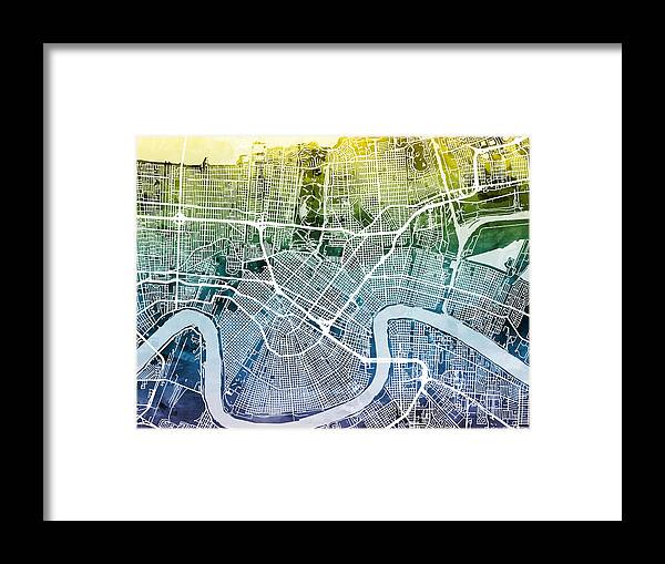 Street Map Framed Print featuring the digital art New Orleans Street Map #8 by Michael Tompsett