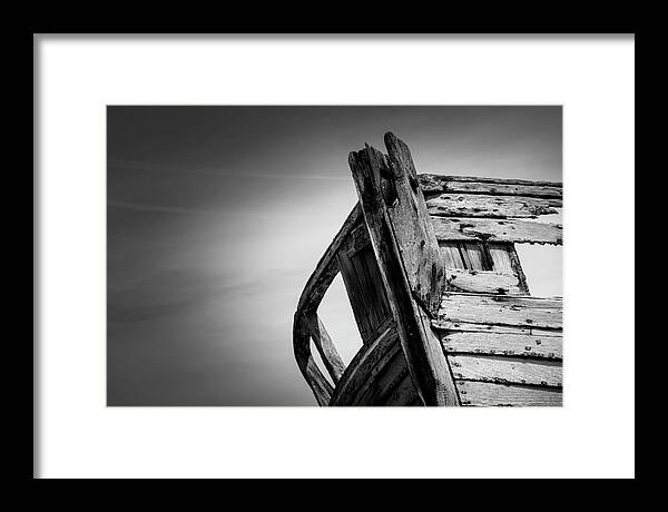 Dungeness Framed Print featuring the photograph Old Abandoned Boat Landscape BW by Rick Deacon