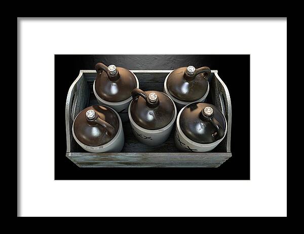 Jug Framed Print featuring the digital art Moonshine In Wooden Crate #9 by Allan Swart