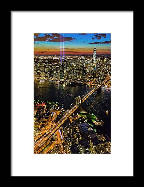 New York City Skyline Framed Print featuring the photograph 911 Tribute In Lights at NYC by Susan Candelario