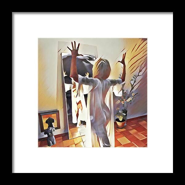 Woman Framed Print featuring the digital art 9906s-DM Woman Confronts Herself in Mirror by Chris Maher