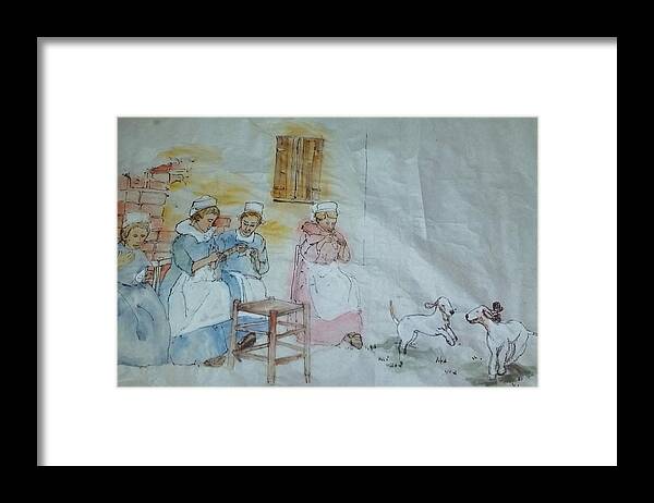 The Netherlands. Cityscape.  Lacemaking. Bedlington Terrier.  Framed Print featuring the painting a big look at Netherlands. by Debbi Saccomanno Chan