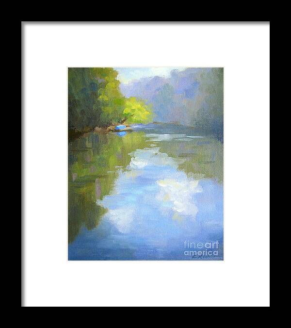 Landscape Framed Print featuring the painting a Blue Boat by the River by Keiko Richter
