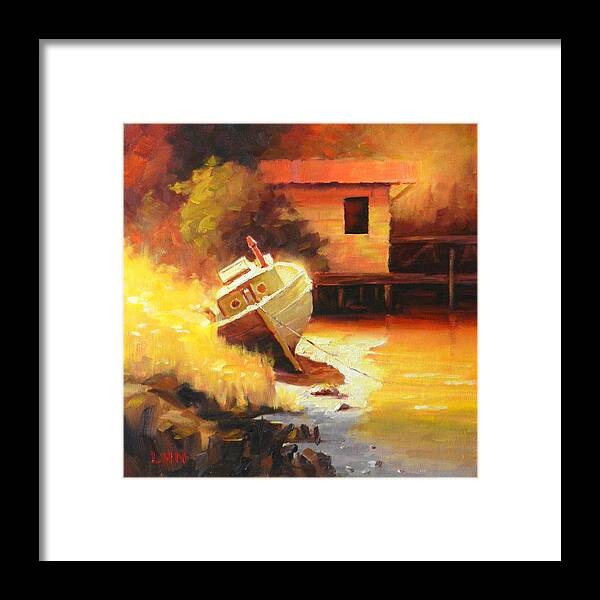 Landscape Framed Print featuring the painting A Boat in a Sunny Day by Ningning Li