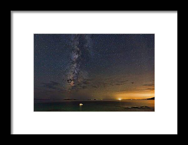 Boat Framed Print featuring the photograph A boat under the Milky Way in Andros - Greece by Constantinos Iliopoulos
