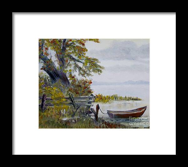 Boat Framed Print featuring the painting A boat waiting by Marilyn McNish