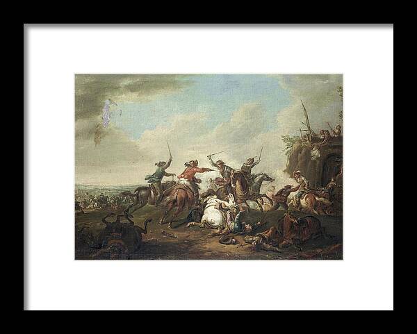 August Querfurt Framed Print featuring the painting A cavalry skirmish with shooters firing on a roof by Celestial Images
