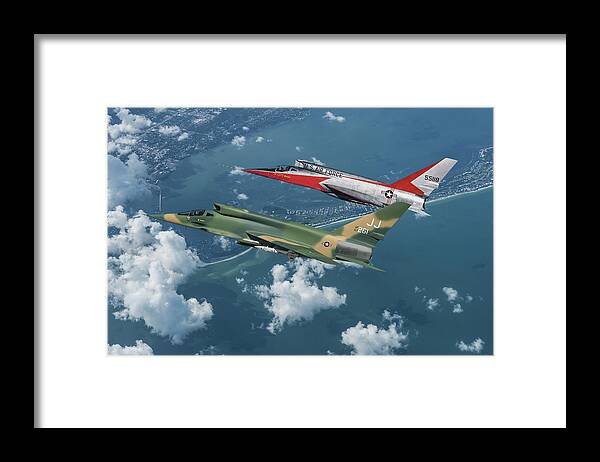 U.s. Air Force Framed Print featuring the digital art A Conceptual operational U.S. Air Force F-107D with a Prototype F-107A by Erik Simonsen