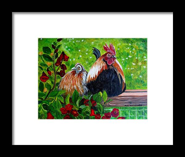 Rooster Framed Print featuring the painting A Difference of Opinion by Julie Brugh Riffey