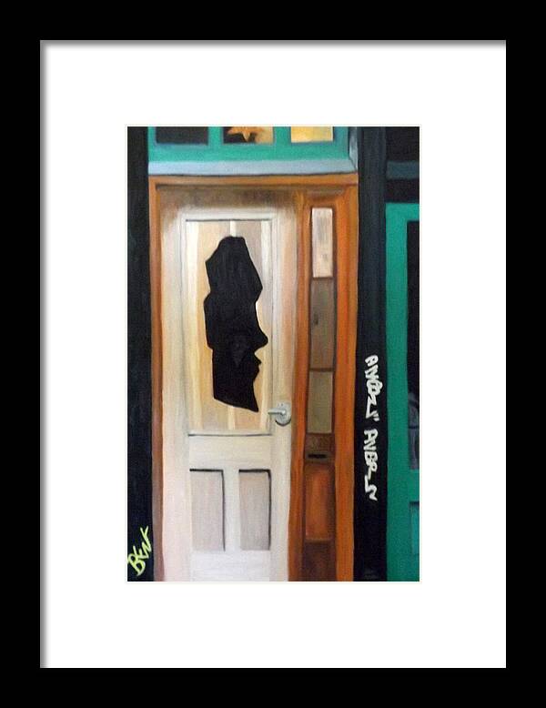 Green Framed Print featuring the painting A Face in the Door by Brent Harris